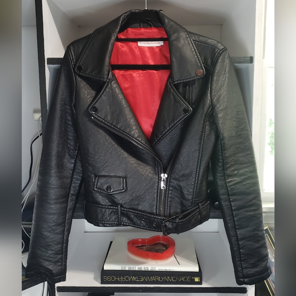 L’ecole des Femmes Vegan Leather Black Moto Jacket Red Satin *Damaged PEELING *